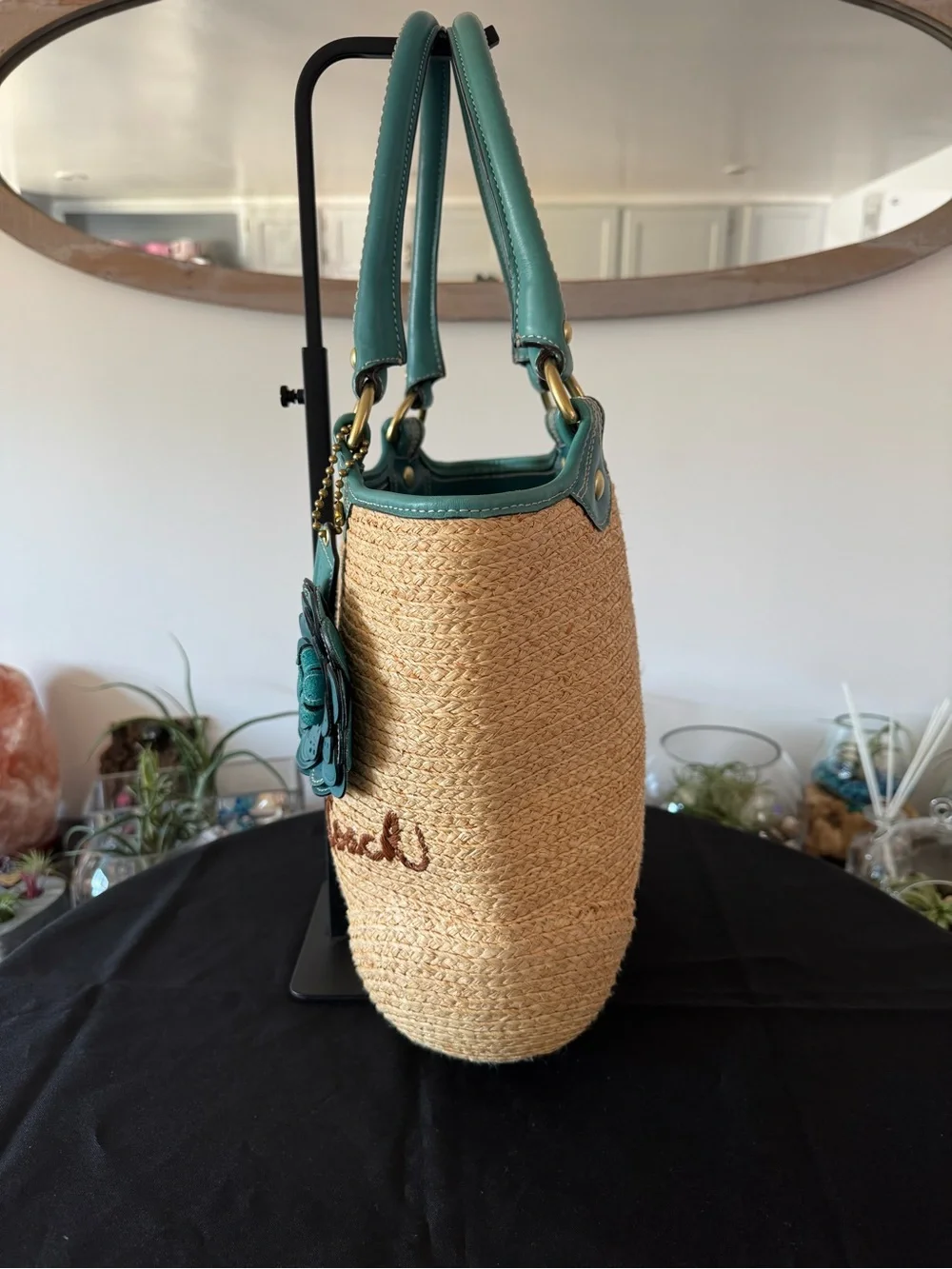 💚Coach Bleecker Straw Tote Teal Leather Flower Charm ☀️_4